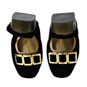 Vintage 60s Bertlyn New York Foldable Flats Small 5-5.5 Black Velvet Gold Buckle